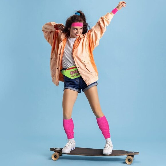 80s Women Workout Set Neon Leg Warmers Headband Wristbands Fanny Pack Yoga Runni - Picture 3 of 6